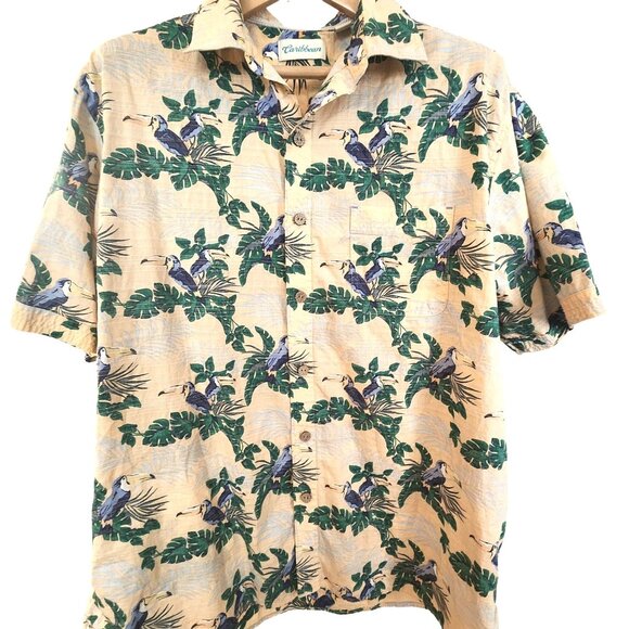 Vintage Caribbean XL Hawaiian Shirt Parrot & Palm Print Cotton Blend Short Sleev - Picture 1 of 5